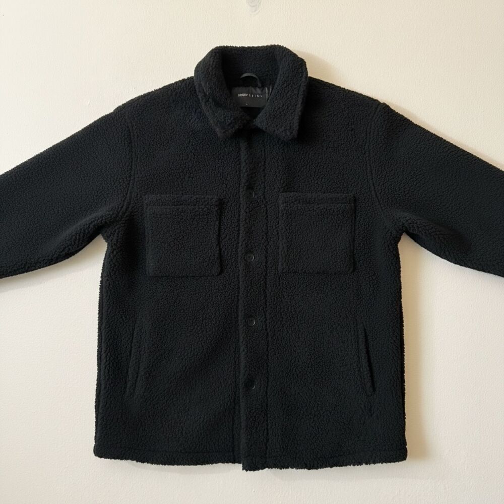 ASOS DESIGN Men Black Faux Fur Sherpa Jacket Button Front S F401303